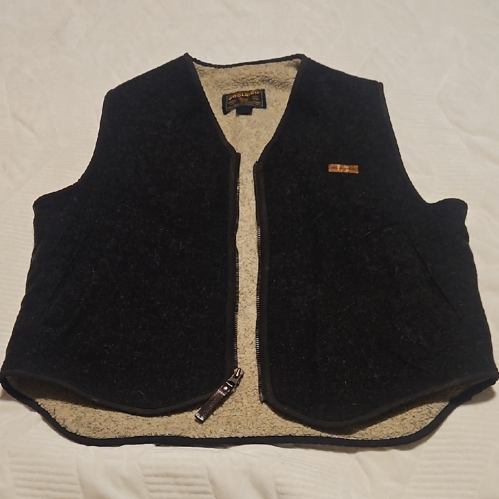 Wool-Lined Black Zip Front Vest with Cream Sherpa